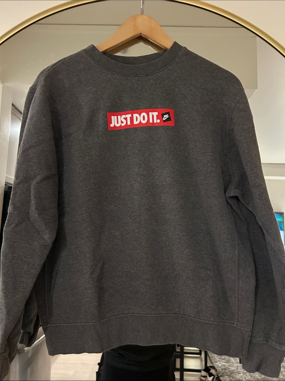 Nike Men's Charcoal Crewneck Sweatshirt with Red 'Just Do It.' Box Logo